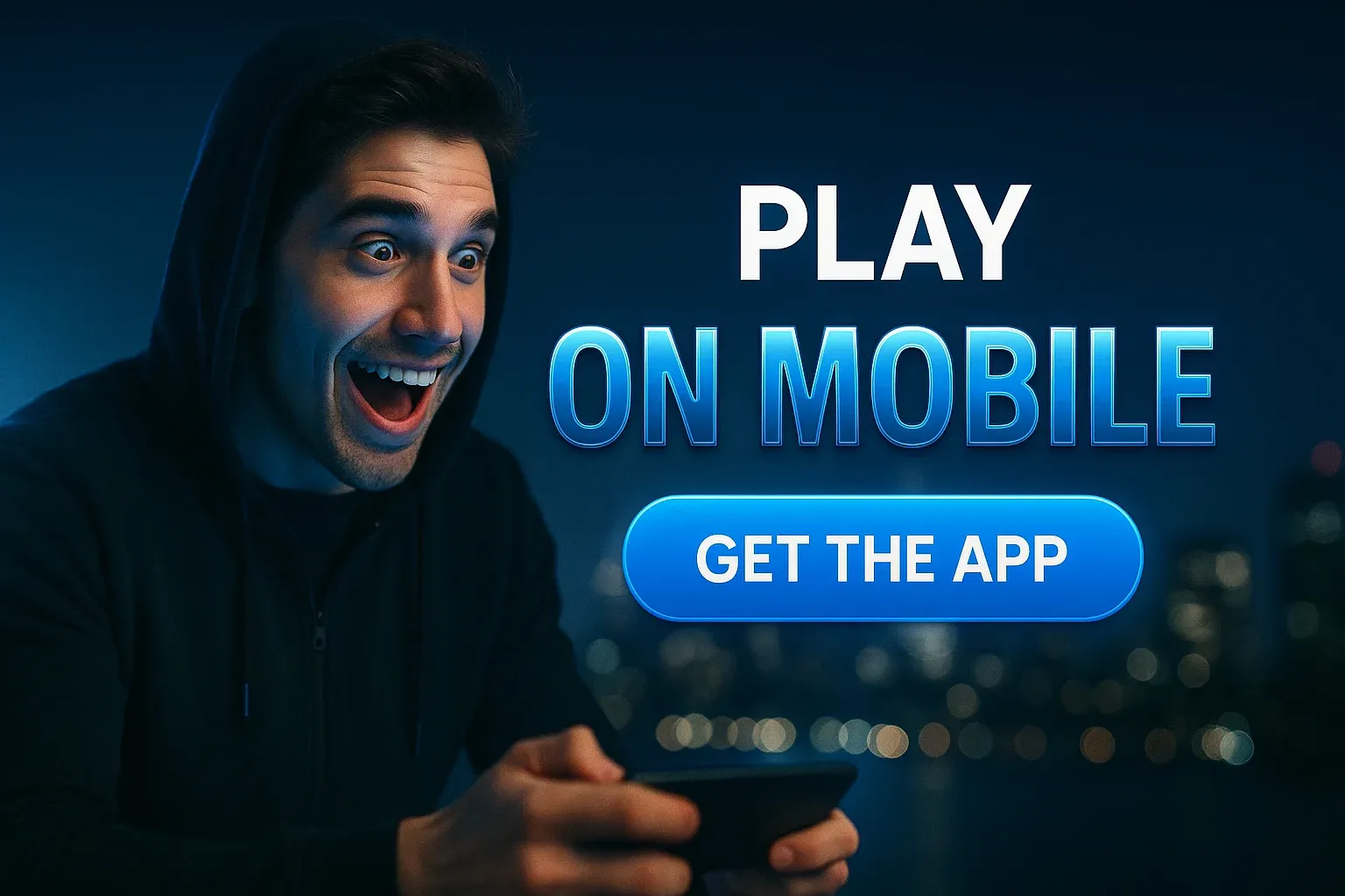 Casino app banner with excited British man and blue neon text