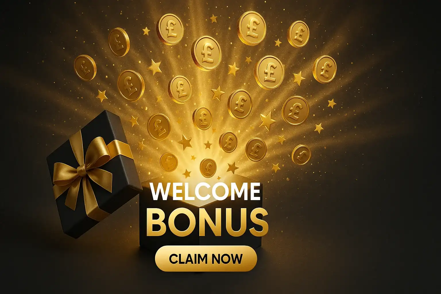 Luxury gift box with welcome bonus text, coins and gold confetti