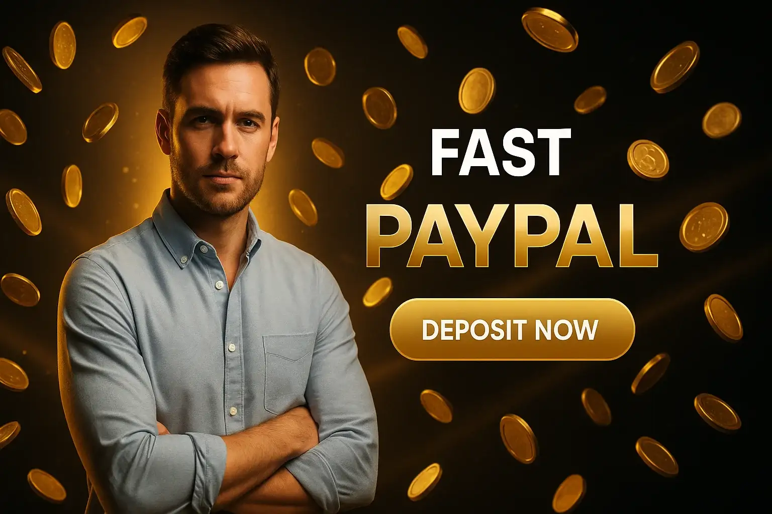 Photorealistic casino banner with British man, gold coins and fast deposit text