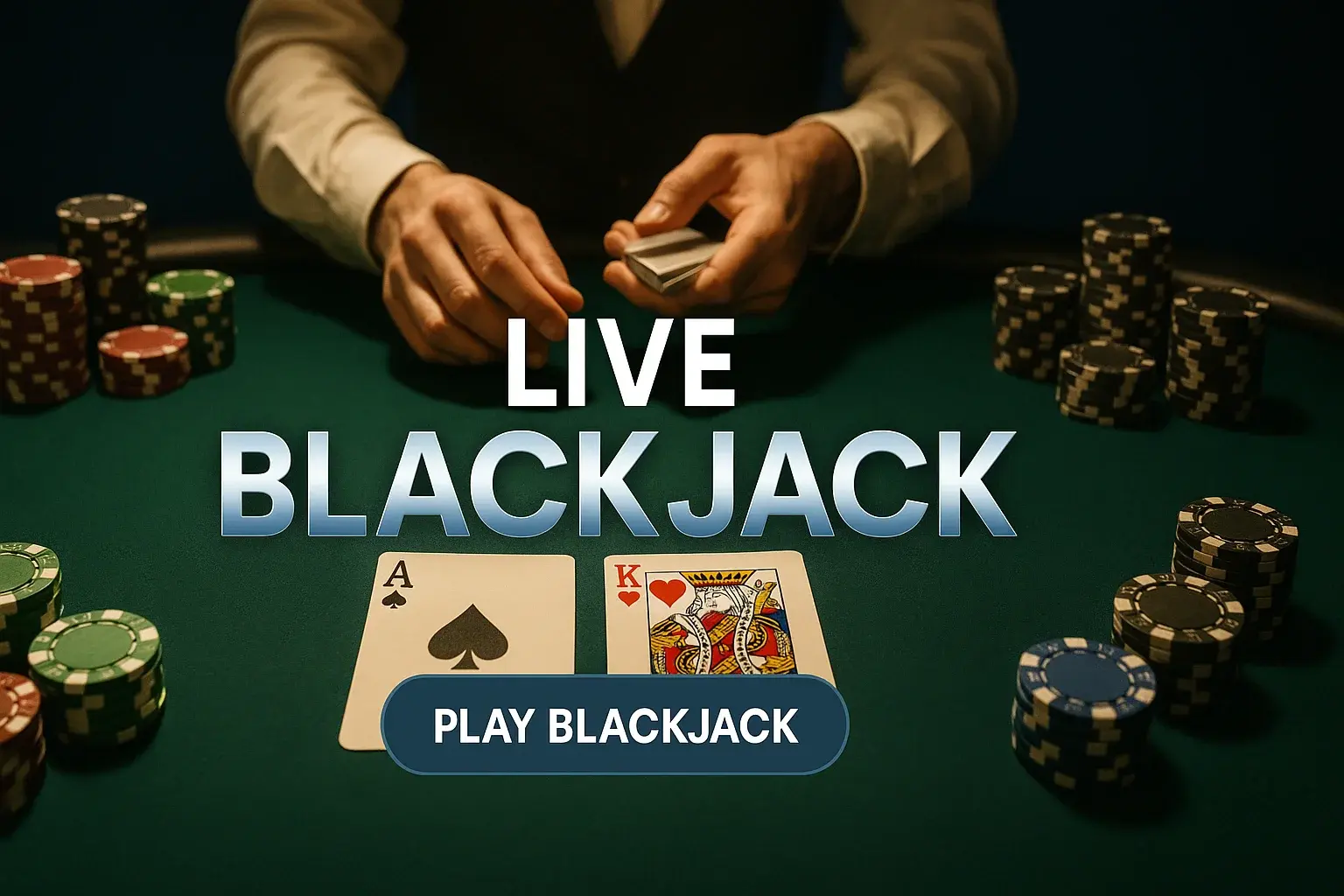 Photorealistic live blackjack table banner with cards, chips and dealer hands