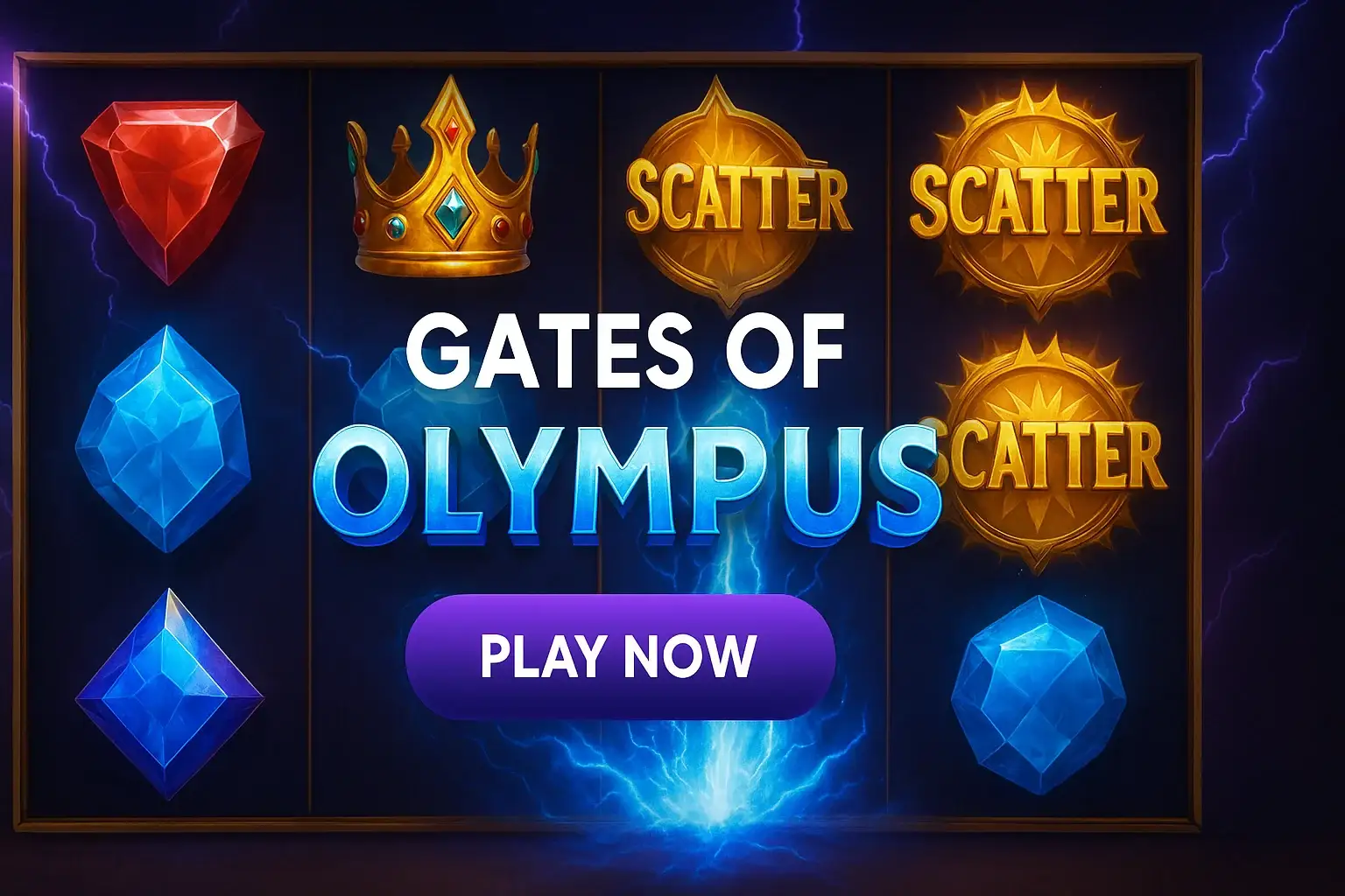 Photorealistic Olympus slot reels with glowing symbols and play now button