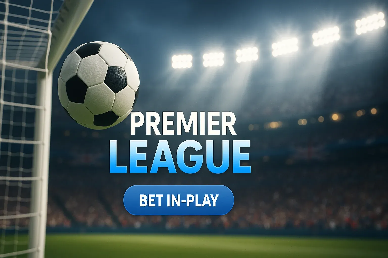 Football in front of goal net with stadium lights betting banner